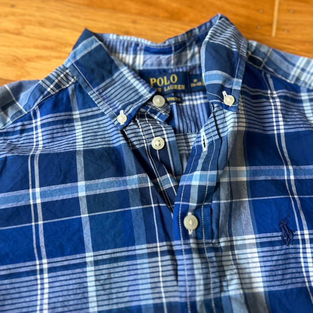 Boys 10-12 Polo by Ralph Lauren Navy and White Plaid Shirt